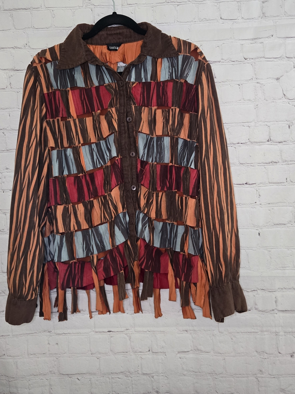 Vtg Fantazia Faux Suede Lattice Weave Fringe Hem Blouse Lagenlook Art To Wear M